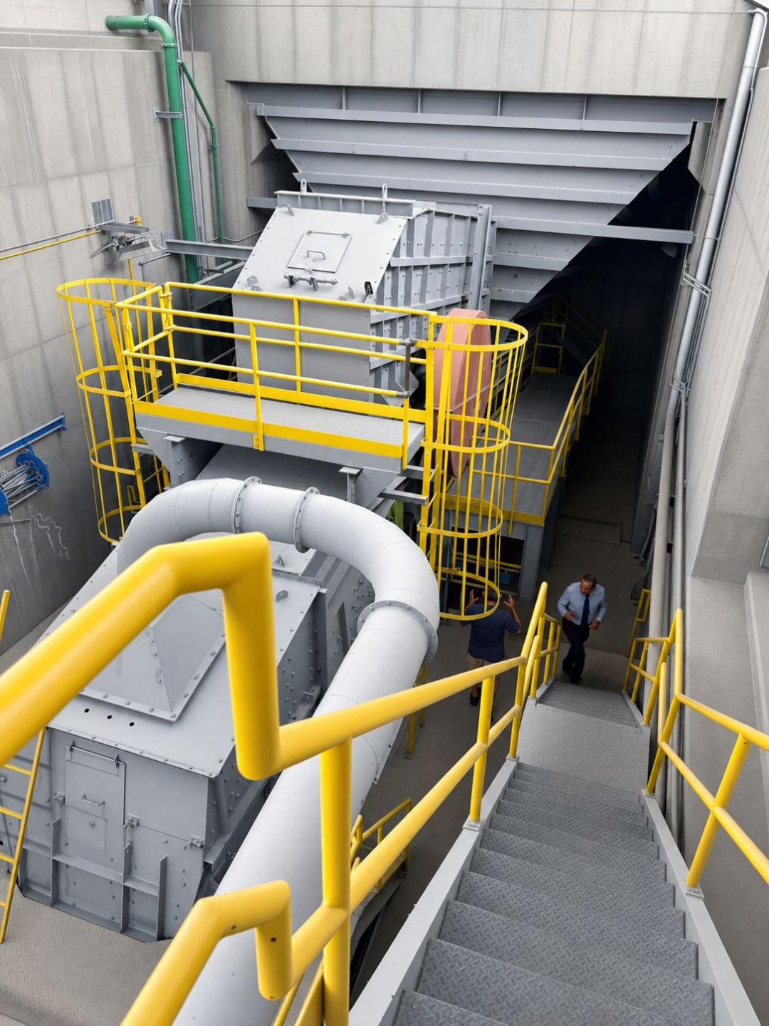 Engineers descending a yellow stair into processing hall
